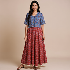 Handblock Print Red & Blue Skirt & Crop Top
