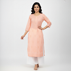 Handcrafted Chikankari Long Kurti | Peach | L
