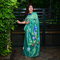 Hand-Painted Floral and Butterfly Silk Saree