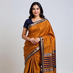 Handloom Cotton Orange Saree with Blouse Piece