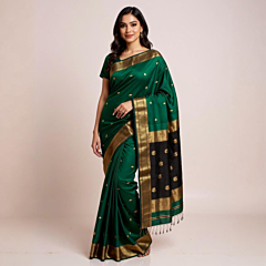 Cotton Saree with Blouse Piece | Green & Black
