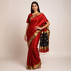 Cotton Saree with Blouse Piece | Red & Black