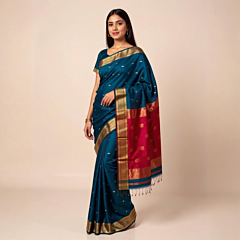 Cotton Saree with Blouse Piece | Teal Blue & Magenta Pink