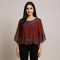 Handcrafted Zari Work Ponchu for Women | Brown | Size - M