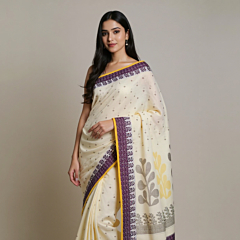 Bengal Soft Cotton Saree | Off White with Purple Border