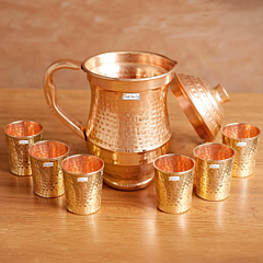Prisha India Craft Hammered Design Pure Copper Water Jug 1800 ML with 6 Tumbler Glass 250 ML 