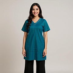 HAND EMBROIERED V NECKLINE BLUE KURTA FOR LADIES