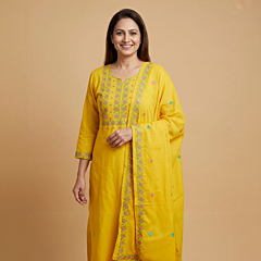 Hand-Embroidered Cotton Suit Material with Dupatta | Mustard