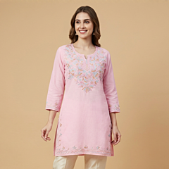 Hand-Embroidered Cotton Pink Short Kurti | Medium