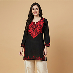 Hand-Embroidered Cotton Black Short Kurti | Medium