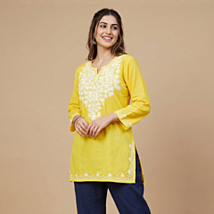 Hand-Embroidered Cotton Yellow Short Kurti | Large