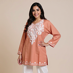 Hand-Embroidered Cotton Peach Short Kurti | Large