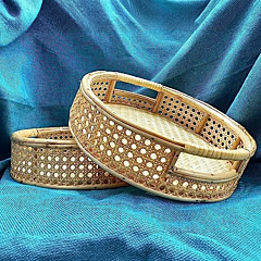 Dastkar Crafts (2 Pieces) Cane Wood Round Basket/Hand Woven Serving Baskets