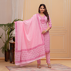 Hand Printed Kurta Set | Pink