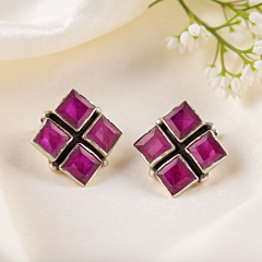 Silver Square Maroon Ruby Stud Earrings 