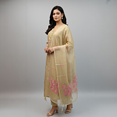 Golden Uppada Silk Unstitched Dress Material with Pink Floral Work