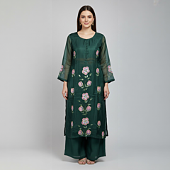 Green Uppada Silk Unstitched Dress Material with Pink Floral Work