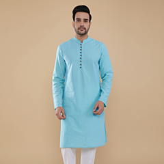 Handloom Cotton Blue Long Kurta with Luppi Buttons