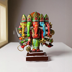 Hand-Painted Wooden Panchmukhi Lord Ganesha Idol