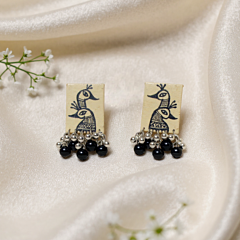 Exquisite Peacock and Madhubani Pattern Handmade Paper Earrings with Black Beads