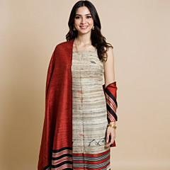 Dupion Silk Beige Dress Material with Maroon Dupatta