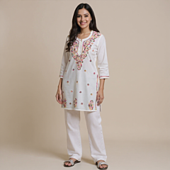 Hand-Embroidered White Short Kurti
