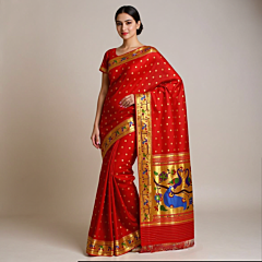 Handloom Peacock Design Red Paithani Silk Saree