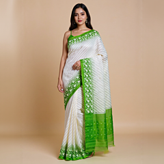 Bengal Handloom Mix Cotton Jamdani Saree | White with Green Border