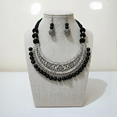Black Onyx Silver Oxidised Crescent Necklace with Earrings