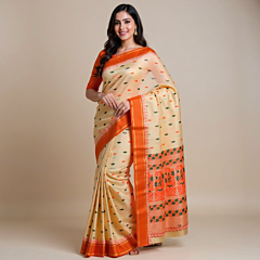 Handloom Tussar Silk Orange with Beige Base Saree