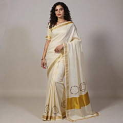 Kerala Handmade Cotton Kasavu Saree with Embroidery | Off White