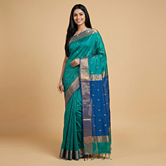 Handloom Maheshwari Silk Saree With Zari Border & Buti | Sea Green