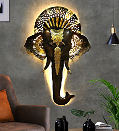 Antique Metal Elephant Face Wall Art | LED Lights | 28x2x28 Inch