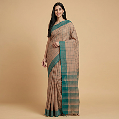 Handmade Checkered Cotton Saree | Light Brown 