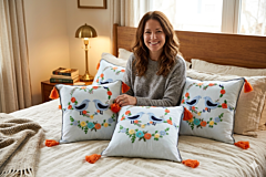 Handcrafted Embroidered Cushion Covers with Bird & Floral Design | Decorative Throw Pillow Covers with Tassels 