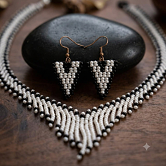 Handcrafted Geometric Glass Seed Bead Statement Necklace and Earring Set