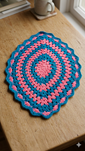 Hand-Crocheted Oval Table Runner - Vibrant Pink & Blue Leaf Pattern