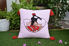 Hand Embroidered Tribal Musician Cushion Cover with Tassels | Cotton Decorative Pillow Cover for Living Room 