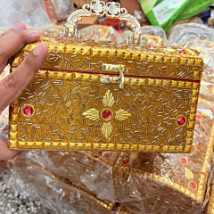 golden vanity box, golden bangle box, handcrafted jewelry box India, Santarms vanity box, handmade bangle storage box, golden jewelry organizer, Indian handicraft vanity box
