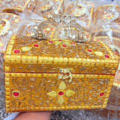 golden vanity box, golden bangle box, handcrafted jewelry box India, Santarms vanity box, handmade bangle storage box, golden jewelry organizer, Indian handicraft vanity box