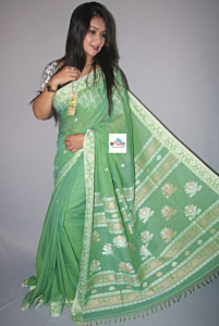 ARBEE Pure Handloom Cotton Jamdani Lotus Motif Duel Tone Color Green Saree with Blouse Piece, Wide Lotus Design Border, Attached Unstitched Blouse Piece