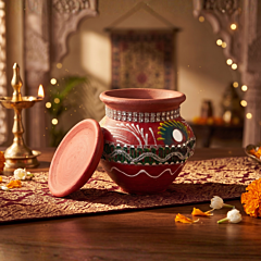 Indian Handmade Clay Pot with Lid Hand Painted Traditional Decorative Matka