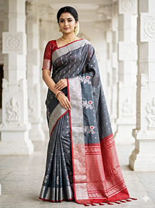 Handmade Kanchi Gap Border Cotton-Silk Saree| Grey