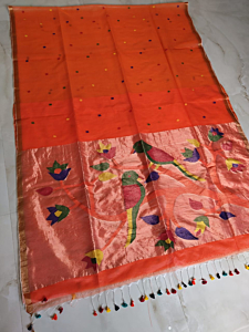 Handloom Muslin Saree with Blouse Piece | Orange
