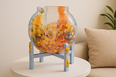 Hand-Painted Glass Vase with Wooden Stand I 16 inches 