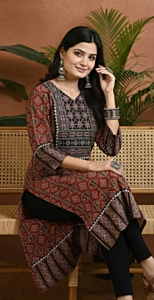 Red and Black Printed Cotton Kurta for Ladies