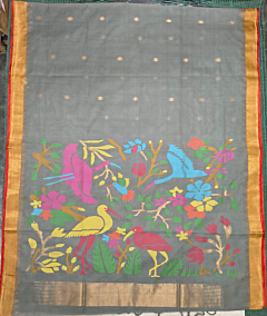 Handcrafted Ponduru Jamdhani Saree with Birds Design