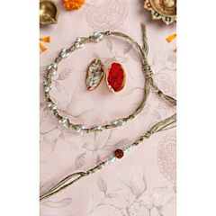 Handcrafted Cotton Thread Bhai-Bhabhi Rakhi Set with Pearl & Rudraksha Accent