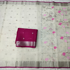 Handcrafted Real Zari Kota Saree I Off white  with dark pink rani blouse piece 