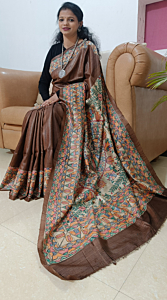 Handloom Tussar Silk Saree  Hand Painted  Madhubani Art 